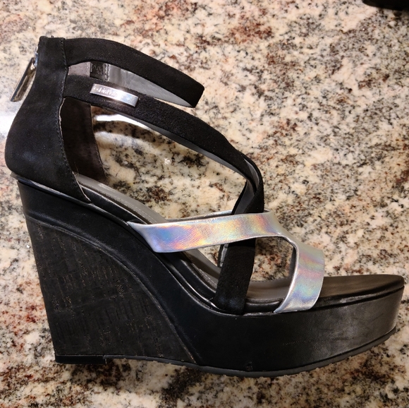 black and silver wedge sandals